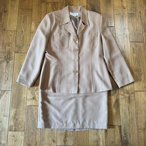 Larry Levine Suits 2 Piece Womens Skirt Suit sz 16 Tan Blazer Mid Length Lined